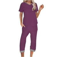 Capri pijamas za žene set sa džepovima s kratkim rukavima noćni kratkim rukavima Summer casual Loungewear Sleep odjeća PJ Set Wine Red XL