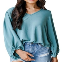 Majice s dugim rukavima V izrez za žene u obliku solidne boje labavih basleta, ležerne tuničke bluze