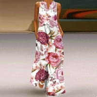 Žene ljetne haljine cvjetni print v vrat bez rukava sa džepovima Swing Casual Labava maxi haljina