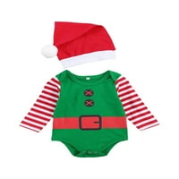 Kiapeise novorođenče božićne odjeće, dugi rukav okrugli vrat Print Romper + pompom kapa