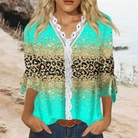Čipka TRIM V Vrući za žene Trendy Bell rukava Leopard Color Contrast Ispisana tunika Bluza Labavi opušteni