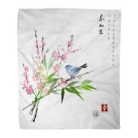 Bacanje pokrivača toplo ugodno print flanel sakura u cvijetu bambusove grane i malo plave ptice na bijelom