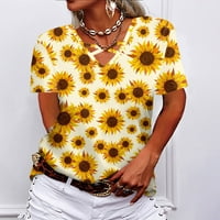 Ljetne vruće košulje za žene Ženski V-izrez Cross šuplji kratki rukav suncokret za ispis majica