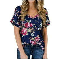 Gotyou Proljeće Modni ženski ispis Ležerne prilike V-izrez Pocket Rufflles Labavi bluza T-majice Navy XL