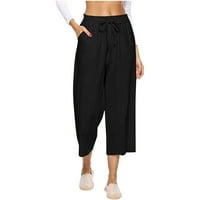 Ženske vučne strugove hlače s elastičnim strukom ljetne modne hlače za vježbanje u boji za dame casual labave hlače pamučna posteljina crna xl
