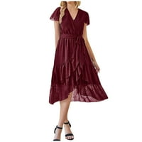 Žene oblače kratki rukav Srednja dužina V-izrez A-line haljina od pune casual žene Ljetna haljina crvena