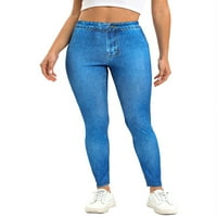Žene Fau Jeans Pant Solid Color Tajice Tummy Control ježeno podizanje lažnog jean trenerskog dna tamno plave s