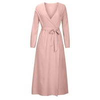 Clearsance haljina s dugim rukavima za žene Proljeće i jesen V-izrez Čvrsta boja Maxi Thexi haljina, čipkasti struk Slim Fit haljina haljina
