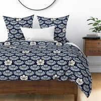 Pamuk Saten Duvet Cover, King Cali King - 1920S cvjetni indigo cvijeće Plavi bijeli mekani japanski print posteljina po kašičici