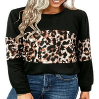 Capreze ženska bluza majica dugih rukava Leopard Print Colorblock Tunic Tops Crew Pulover T-majice Crna 2xL