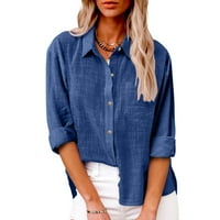 COTONIE Bluze za žensko dugme dolje posteljina ležerna dugih rukava radne kancelarijske majice sa džepovima tamnoplava, xxxl