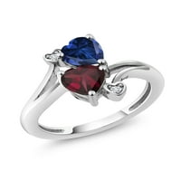 Gem Stone King Sterling Silver Blue stvorio je Safir Crveni Rhodolite Garnet Dvostruki srčani prsten