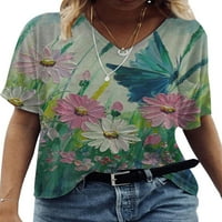 Eleluny Women V izrez cvjetna majica vrhovi Ljetni odmor Baggy Casual Bluza Butterfly L
