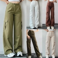 Žene labavi teretni pant midi struk široke noge ravne jogger pantalone sa džepovima