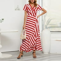 FINELYLOVE haljine za diplomiranje Ljetne haljine V-izrez Striped kratki rukav A-line crvena