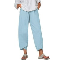 Ženske ljetne casual labave pamučne i posteljine vezene hlače široke noge, nebesko plavo