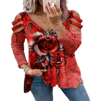 Majica sa višestrukim ženama ruža dugačak rezov s rukavima sa rukavima V-izrez pulover