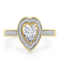 Srce i okrugli rez bijeli kubični cirkonijski ljubavni heart halo prsten u 14k žuto pozlaćeno srebro