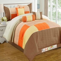 7-PC Ugodan patchwork Chenille Striped Quilted Commforter Set Orange Mocha Yellow Beige King