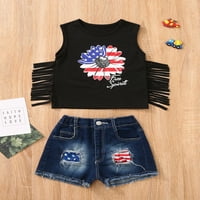 Arvbitana Toddler Djevojka 4. jula Outfit Ljetna neovisnost Dan prugaste američke tasselne lažne majice