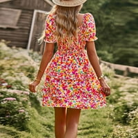 Žene Ležerne prilike cvjetne ljetne haljine Puff rukave ruffle hem slojeviti a-line haljine ružičaste