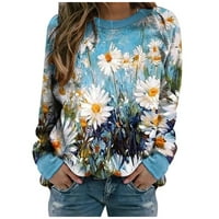 HFYIHGF ženske 3D cvjetne tiskane majice s dugim rukavima Crewneck casual pulover udoban lagani tee bluza plavi m