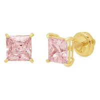 CT Princess Cut Studs Pink Simulirani dijamant 14K žute zlatne minđuše vijak