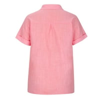 Plus size pamučna posteljina bluza za žensko modno dugme rever solidne boje kratkih rukava na vrhu mazi