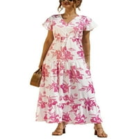 Žene Ležerne haljine kratkih rukava Elastična struka Boho Dugme Tiered Maxi haljine Cvjetni ispisani ružičastim s