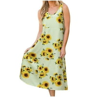 Ljetna haljina za žene casual daisy suncokreti Ispisuje V-izrez labavo bez rukava s kasetom za bez rukava sa plažama dugačka