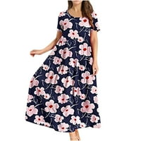 Ženska casual labava boemska cvjetna haljina ljetne kratke rukave midi haljine okrugla vrata plaža Flowy