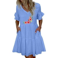 Haljine za prodaju za žene za žene s kratkim rukavima za tisak cvjetnog uzorka V-izrez Midi Fit and