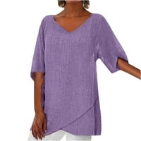 Pamučne i posteljine ljeti vrhovi za žene V-izrez Čvrsta nepravilna bluza Labavi kratki rukav Tunika majica plus veličina bluza za klirens Purple M
