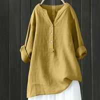 Žene ljetne košulje V izrez dugih rukava labav gumb pamučna posteljina tunika bluza žuta 3xl