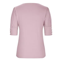 Košulje za žene Trendi okrugli vrat kratkih rukava Majica Dugme za puff rukave Ties Solid Color Tops