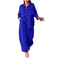Ženska pamučna posteljina odjeća elegantna čvrsta boja mekani trenerci labava odjeća za dame dugih dugih rukava dolje majica casual široke pantalone za noge tamno plavi xxxl