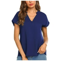 Ženski vrhovi modni ženski ljetni kratki rukav V-izrez majica šifonska bluza pune boje plava l