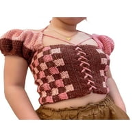 Ženske vrhove useva, kvadratni vrat kratkih rukava kontrastna boja plairana pulover Pletena majica za