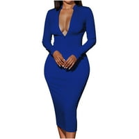 Ženska haljina CETHRIO za ljeto - modni seksi čvrsti dugi rukav s V-izrezom obične haljine plave boje