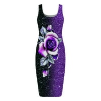USMIXI SENDRESS za žene bez rukava Crewneck Rose Graphics Midi haljina Noćni klub Vintage Bodycon Clee-duljina