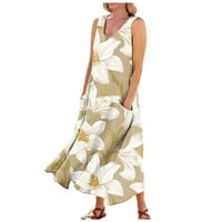 Ljetne haljine za žensku dužinu bez rukava Ležerne prilike Cvjetni izrez Cvjetni izrez Khaki M