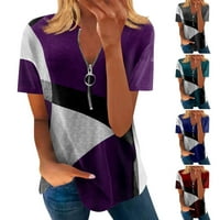 Ženski ljetni temperamentni blok za spajanje u boji tiskani V-izrez zip majice kratkih rukava za bluzu