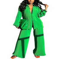 REJLUN Ženska salon širokog nogu setovi sa naboranim sobnim bojama Loungeward Set Pajamas tamno zelena