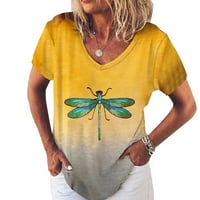 Modni ženski gradijent tiskani kratki rukav V-izrez labav pulover T-majica Yellow XXXL