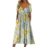 Ljetne haljine Trendi labav udoban visoki struk tiskana srednja duljina maxi haljina s rukavima žutim