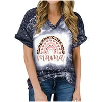 Mama majice za žene Leopard Rainbow uzorak tiskani kratki rukav V izrez grafički tees top casual izbijeljena