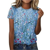 USMIXI ženske košulje casual lagano labav fit pulover tee vrhovi ljetni kratki rukav okrugli vrat dame cvjetni tisak i bluze plavi xl