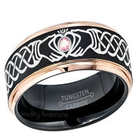Claddagh Tungsten prsten - 2-tonska ruža zlata i crnog volfram Carbide Wedding - 0.07ct ružičasti turmalin