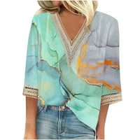 Pyju ženski rukav ljetni vrhovi, čipka V izrez Casual Tunika Trendy Print TEE majica Loose Comfy LongShirt
