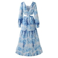 Ljetne haljine za žene Dužina gležnja za slobodno vrijeme od tiskanih rukava s dugim rukavima, haljina s V-izrezom svijetlo plava m